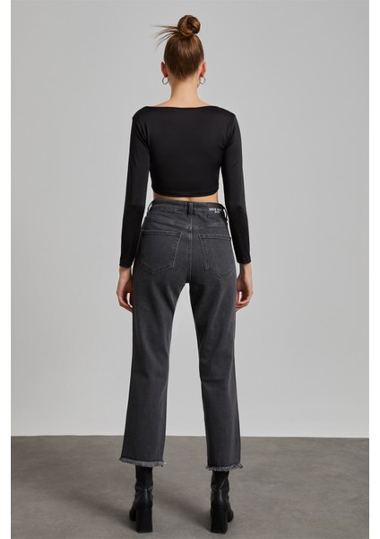 Kadın Füme Yüksek Bel Pis Paça Yırtıklı Loose Straight Jean fiyatları
