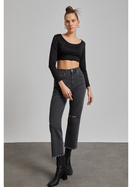 Kadın Füme Yüksek Bel Pis Paça Yırtıklı Loose Straight Jean fırsatları
