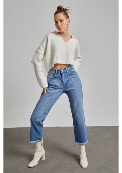 Kadın Mavi Yüksek Bel Pis Paça Loose Straight Jean