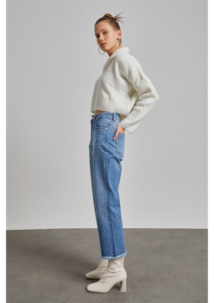 Kadın Mavi Yüksek Bel Pis Paça Loose Straight Jean fiyatları