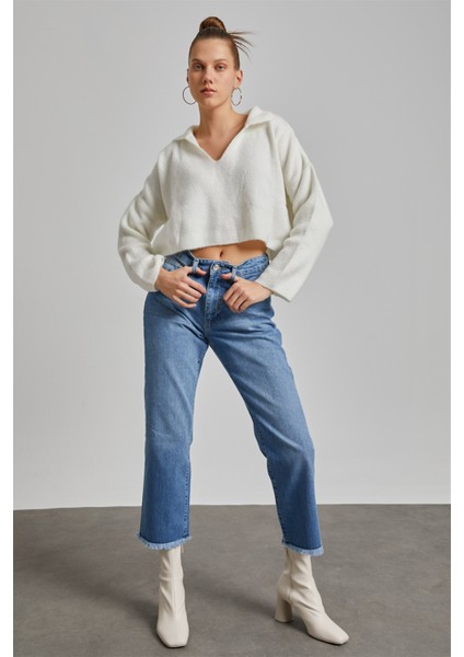 Kadın Mavi Yüksek Bel Pis Paça Loose Straight Jean indirimleri