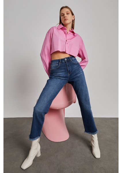Kadın Koyu Mavi Yüksek Bel Pis Paça Loose Straight Jean