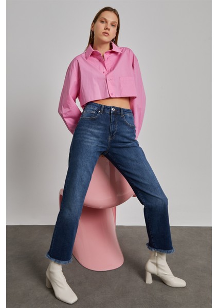 Kadın Koyu Mavi Yüksek Bel Pis Paça Loose Straight Jean modelleri