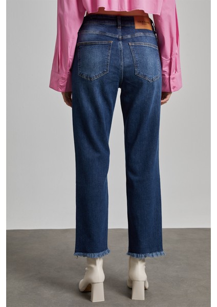 Kadın Koyu Mavi Yüksek Bel Pis Paça Loose Straight Jean fırsatları