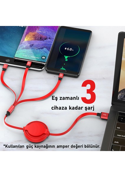 S28-RED 20CM-120CM Makaralı Uzayabilen Type-MicroB, Type-C, Lightning 3A Çoklu Şarj ve Data Kablosu