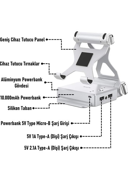 PH01 10.000 Mah Powerbank+2 Kademeli Masaüstü Ayarlanabilir Katlanabilir Tablet ve Telefon Tutucu Stant