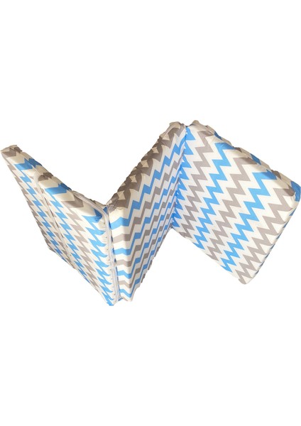 Çocuk Oyun Parkı Çocuk Yatağı Katlanabilir Sünger Yatak 60X120-4 cm (Mavi-Gri Zikzak)
