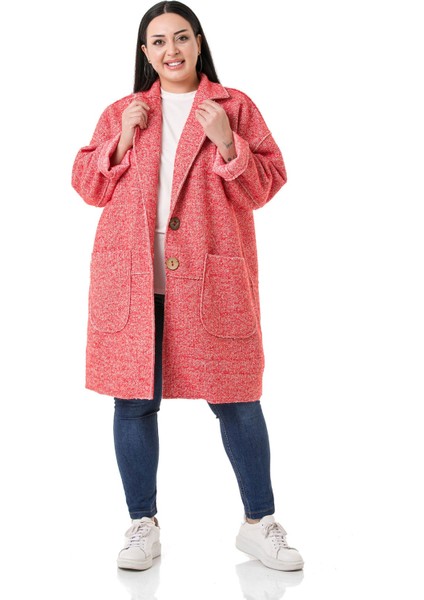 Büyük Beden Düşük Kollu Torba Cepli Büyük Düğmeli Pis Dikişli Oversize Simli Kırmızı Ceket