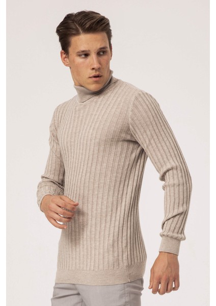 Erkek Balıkçı Yaka Slim Fit Fitilli Triko Kazak 6091288 Bej modelleri