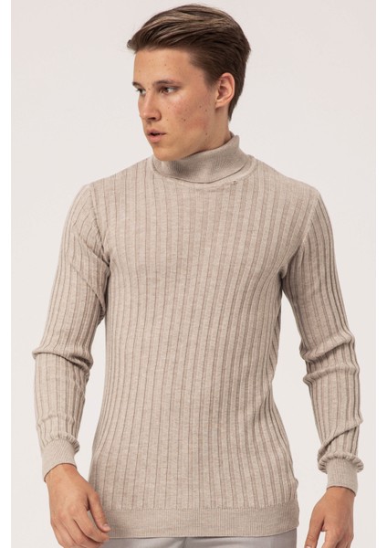 Erkek Balıkçı Yaka Slim Fit Fitilli Triko Kazak 6091288 Bej