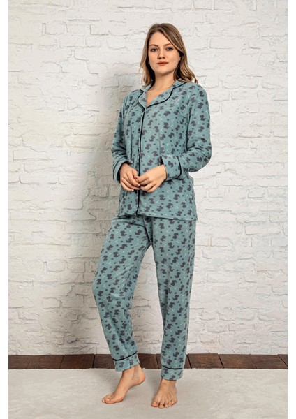 Kadın Kışlık Welsoft Peluş Polar Düğmeli Pijama Takımı