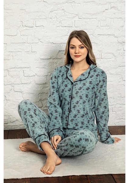 Kadın Kışlık Welsoft Peluş Polar Düğmeli Pijama Takımı