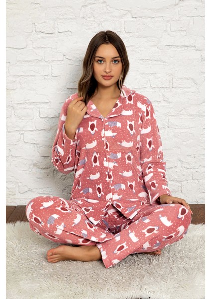 Kadın Kışlık Welsoft Peluş Polar Düğmeli Pijama Takımı