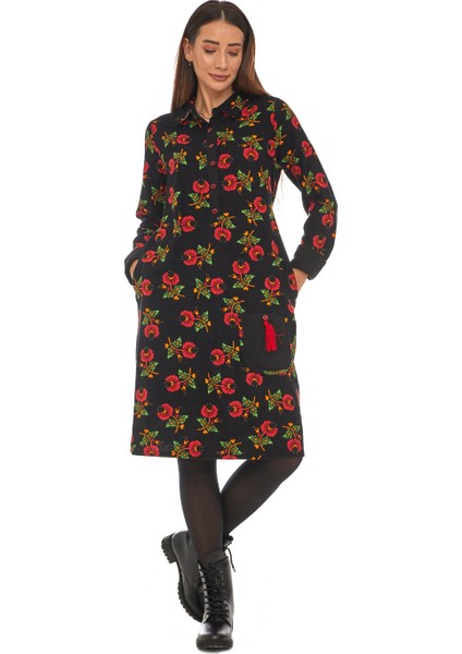 Pazen Siyah Çiçek Desenli Cepli Elbise