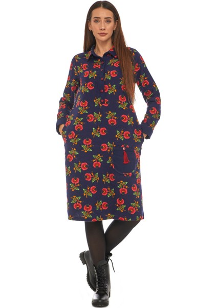 Pazen Lacivert Çiçek Desenli Cepli Elbise