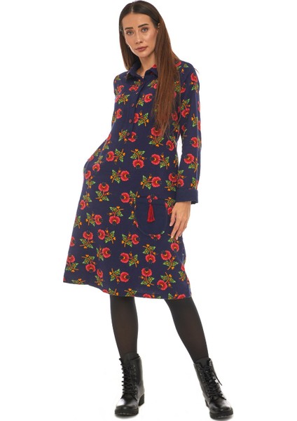 Pazen Lacivert Çiçek Desenli Cepli Elbise fiyatları