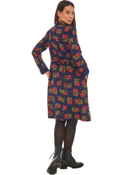 Pazen Lacivert Çiçek Desenli Cepli Elbise fırsatları