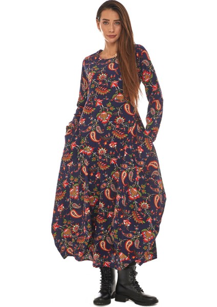 Pazen Lacivert Desenli Uzun Elbise