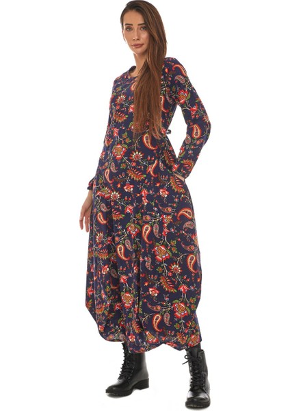 Pazen Lacivert Desenli Uzun Elbise fiyatları