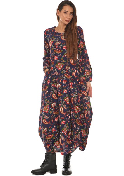 Pazen Lacivert Desenli Uzun Elbise modelleri