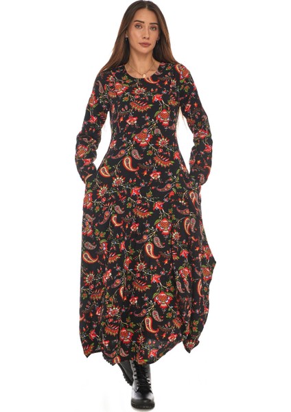 Pazen Siyah Desenli Uzun Elbise