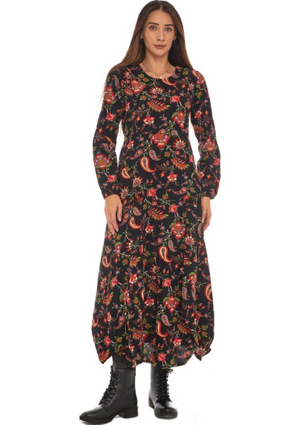 Pazen Siyah Desenli Uzun Elbise fırsatları