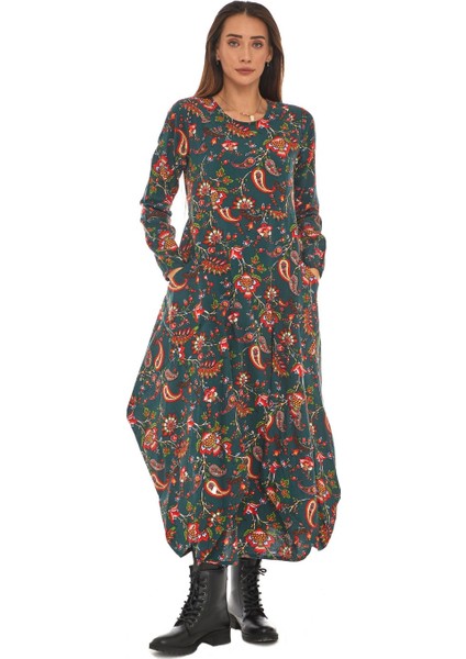 Pazen Yeşil Desenli Uzun Elbise