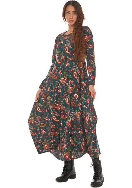 Pazen Yeşil Desenli Uzun Elbise fiyatları