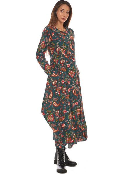 Pazen Yeşil Desenli Uzun Elbise modelleri