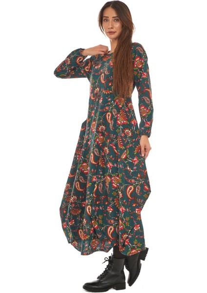 Pazen Yeşil Desenli Uzun Elbise fırsatları