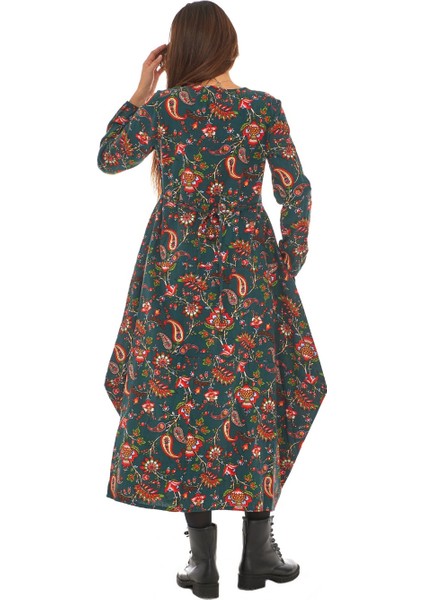 Pazen Yeşil Desenli Uzun Elbise indirimleri