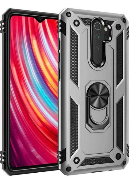 Aqua Aksesuar Xiaomi Redmi Note 8 Pro Kılıf Metal Yüzüklü Tank Zırh Standlı Kılıf