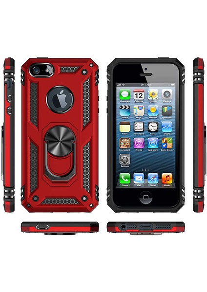 Apple iPhone 5 Kılıf Metal Yüzüklü Tank Zırh Standlı Kılıf