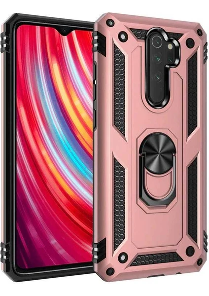 Aqua Aksesuar Xiaomi Redmi Note 8 Pro Kılıf Metal Yüzüklü Tank Zırh Standlı Kılıf