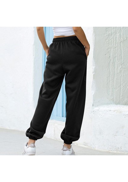 Kışlık Kalın İçi Polar Kadın Siyah Oversize Eşofman Altı Lastikli Paça Jogger Günlük