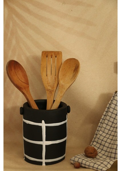 El Yapımı Çizgili Desenli Dekoratif Kulplu Seramik Vazo / Dekoratif Kaşıklık modelleri