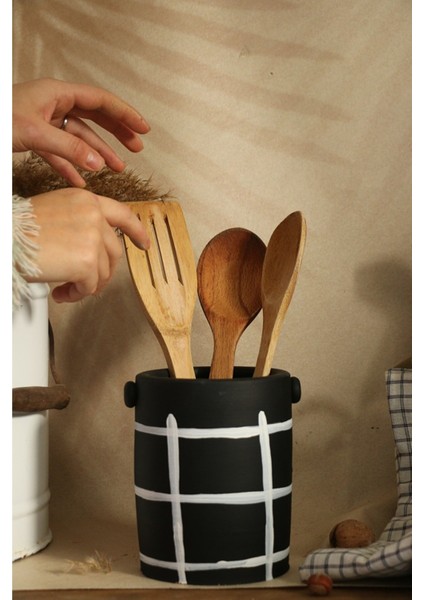 El Yapımı Çizgili Desenli Dekoratif Kulplu Seramik Vazo / Dekoratif Kaşıklık fırsatları