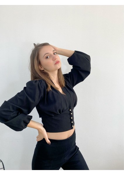 Siyah Crop Top Bluz Gömlek, Tasarım, Büyük Beden