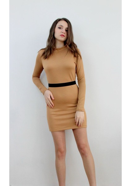 Siyah Kuşaklı Bej Triko Mini Kadın Elbise, Tasarım, Hediye, Büyük Beden