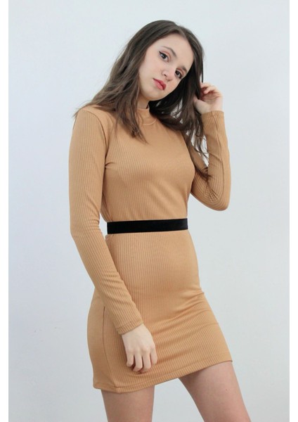 Siyah Kuşaklı Bej Triko Mini Kadın Elbise, Tasarım, Hediye, Büyük Beden modelleri