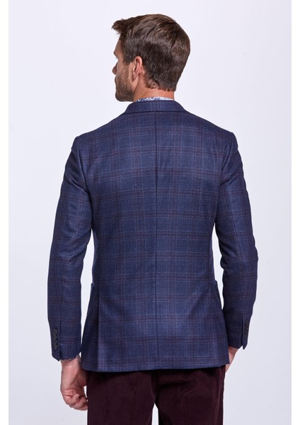 Kaşmir-Yün Karışımlı Ekose Desenli Lacivert Blazer Ceket fırsatları