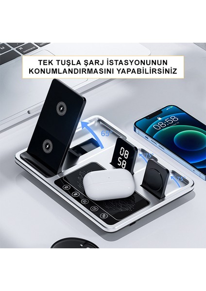 4 In 1 30W Hızlı Şarj Kablosuz Wireless Apple iPhone Apple Watch Uyumlu Airpods Için LED Işıklı Şarj Standı