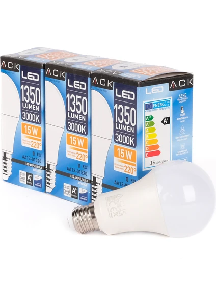 9W 3'lü Paket A60 LED Ampul 6500K Beyaz Işık 880LM E27