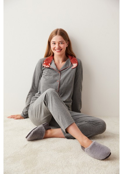 Kırçıllı Gri Cute Fox Pijama Takımı