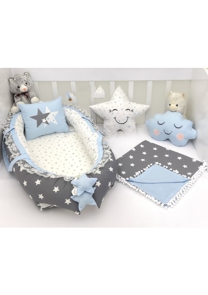 Big Star Serisi Koyu Gri Mavi Babynest Set Ponponlu