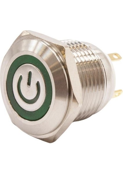 16H-P1-EC 16MM Düz Yaylı Işıklı Power Metal Buton - Yeşil