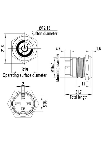 16H-P1-EC 16MM Düz Yaylı Işıklı Power Metal Buton - Yeşil modelleri