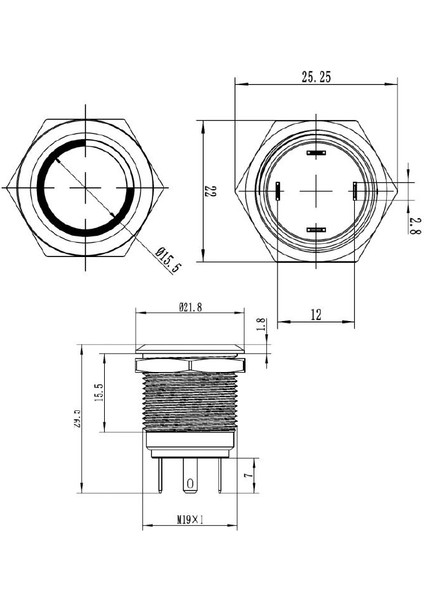 19H-P1-E 19MM Düz Yaylı Işıklı Metal Buton - Sarı