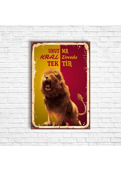 Trend Poster Unutma Kral Zirvede Tektir Sarı Kırmızı Galatasaray Retro Ahşap Poster