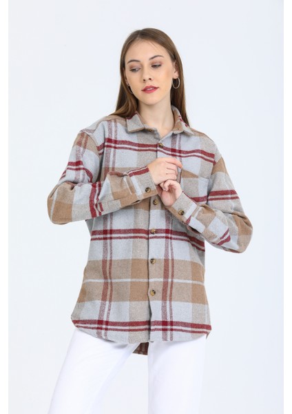 Kadın Bej Oversize Tek Cepli Kareli Pamuklu Kalın Kumaş Oduncu Ceket Gömlek fırsatları